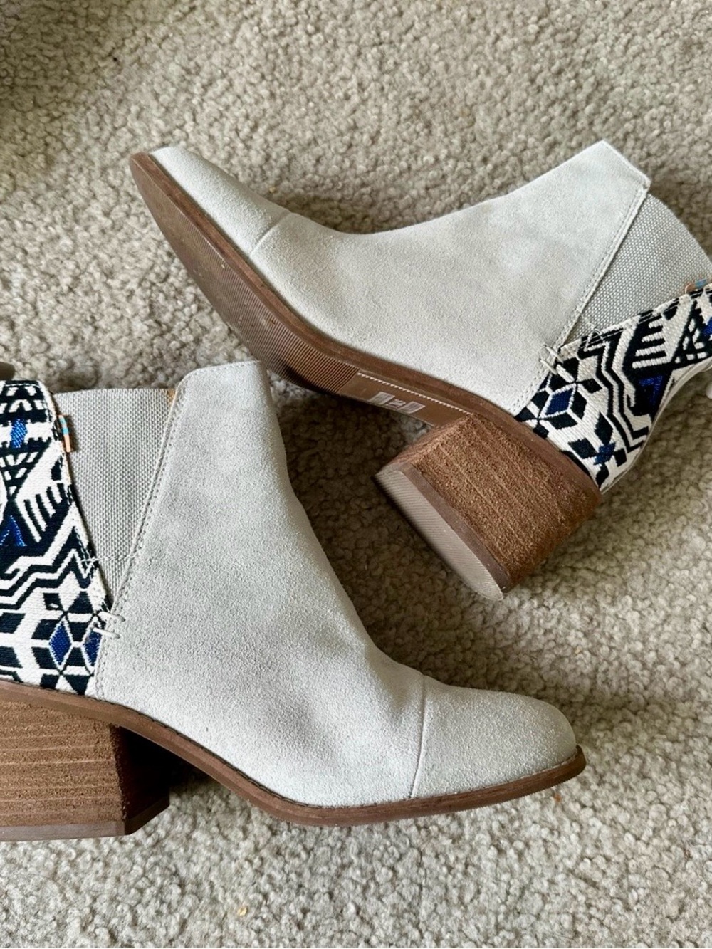 Women's Cream Suede Ankle Boots with Patterned Elastic Panel